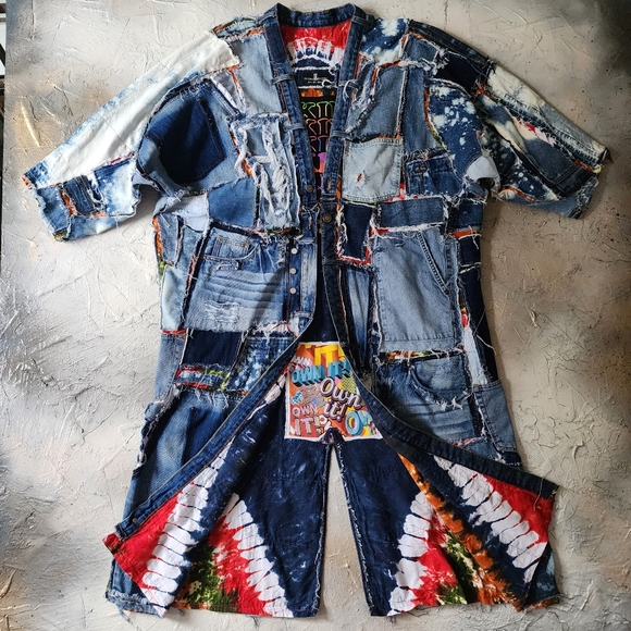 Bohemian Kimono Upcycled Vintage Denim Concept Tattoo Marilyn Monroe Patchwork - Picture 5 of 16